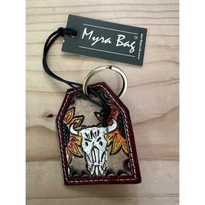 Myra Bag leather keychain painted bison skull and sunflower New